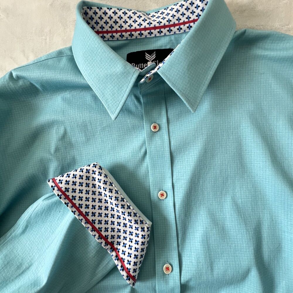 Buttercloth Mens Shirt 2XL Aqua Blue Micro Check Button Up Cotton Flip Cuff